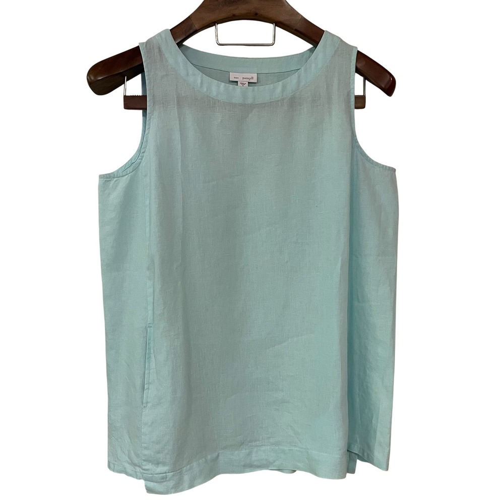 Pure Jill J Jill Petite Blue Linen Sleeveless Tunic Top Pockets Oversized PM - Picture 2 of 11